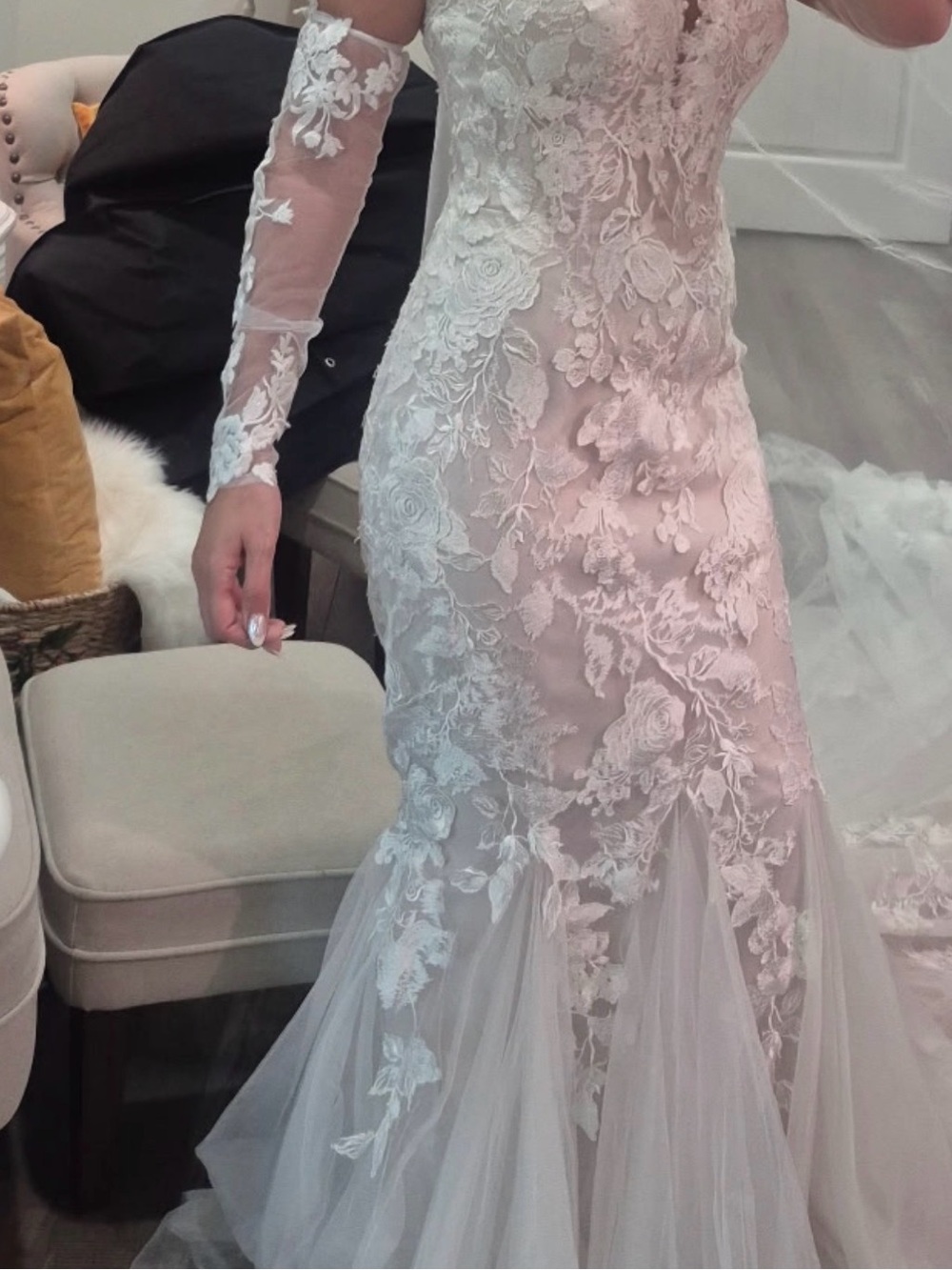 ETSY- New Ivory Floral Lace Bridal Gloves Half Sleeves,